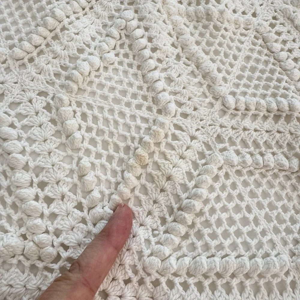 Vtg Hand Crocheted Bedspread Coverlet Floral Stitch Boho Cottage Bed Fringe